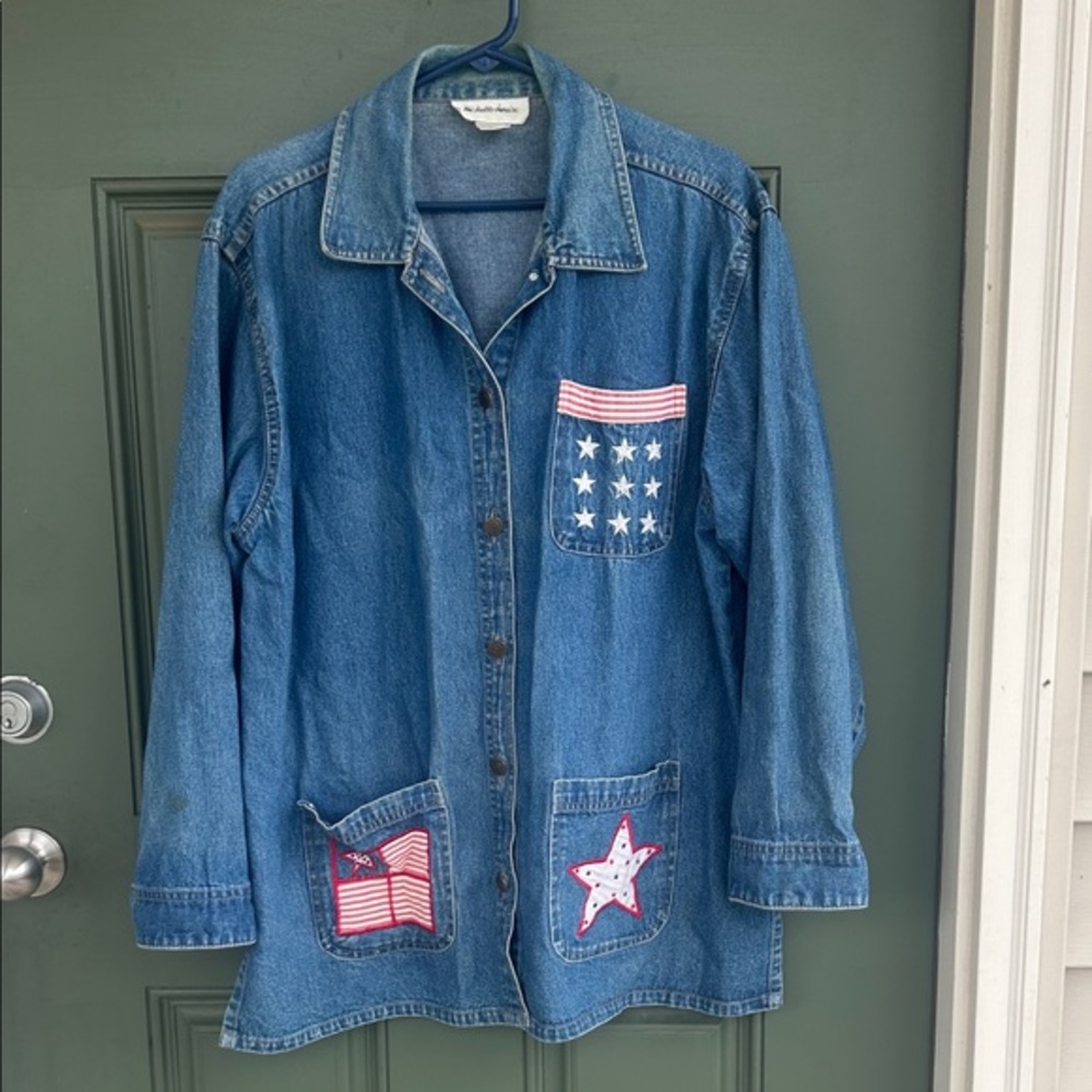 Michelle Louise - patriotic patchwork embroidered denim shirt jacket